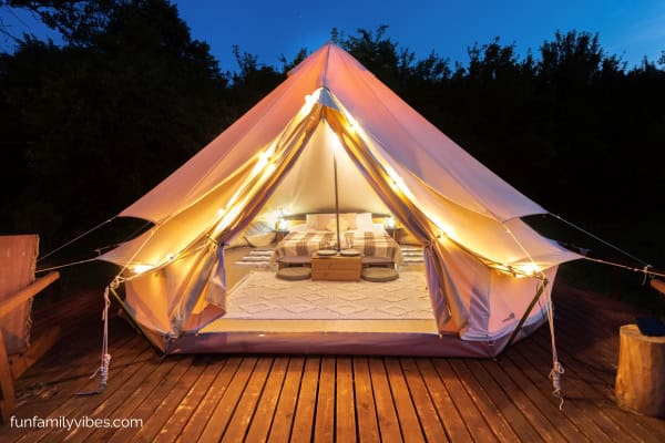 glamping tent at night