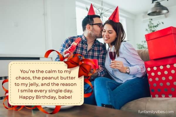 Husband celebrating birthday with wife, with birthday wish overlay