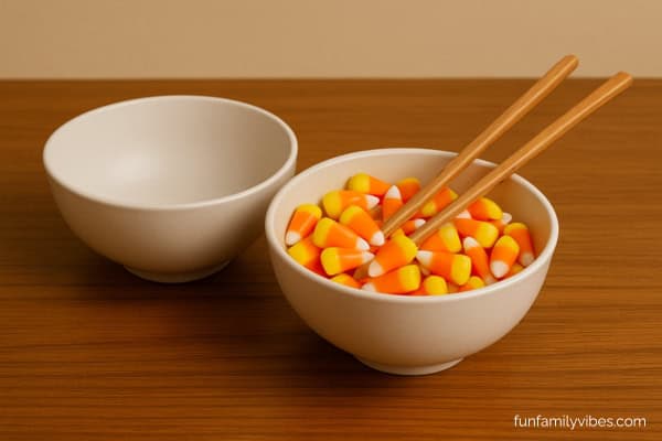 an empty bowl and a bowl full of candy corns with chopsticks