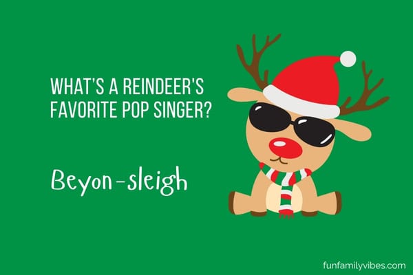 reindeer cartoon wearing Santa hat and sunglasses, with joke overlay