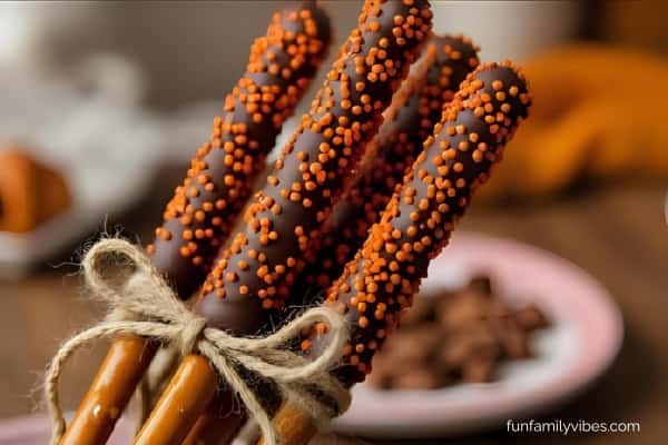 Chocolate covered pretzels with orange sprinkles wrapped in twine