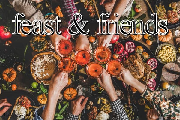 friends celebrating Thanksgiving feast with fall party name overlay