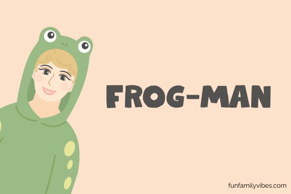 illustration of a man wearing a frog costume with funny super hero name