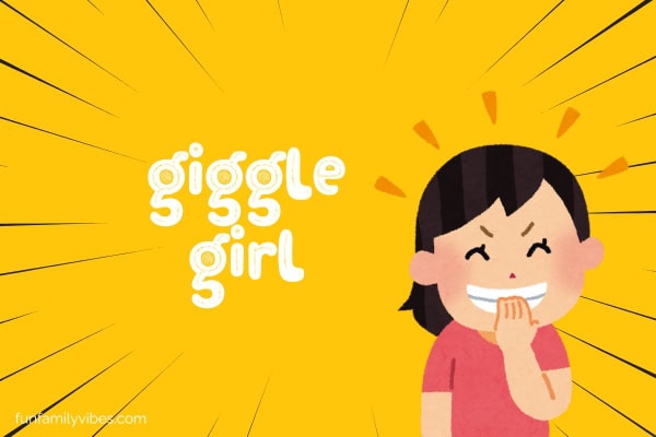illustration of a giggling girl with funny superhero name
