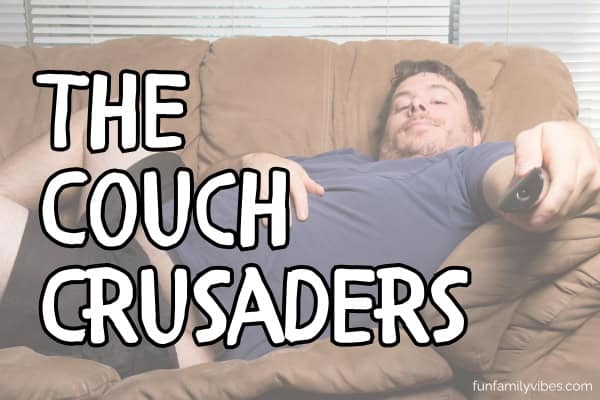 man lying on couch with funny superhero name overlay