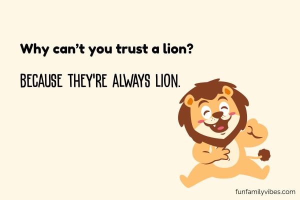 cartoon of a laughing lion with trick question overlay