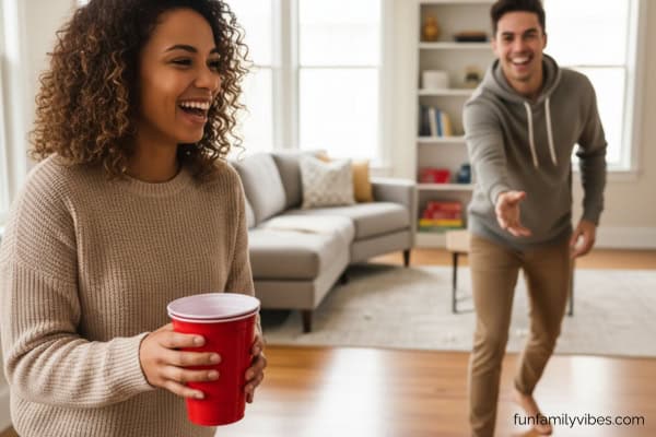 man tossing marshmallow into a cup a woman is holding