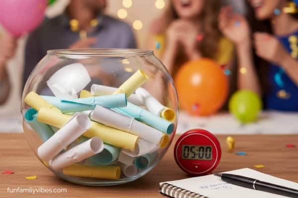 fishbowl with slips of paper, timer, notebook and pen, party background