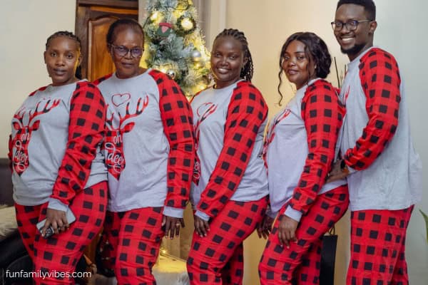 family wearing matching Christmas pajamas