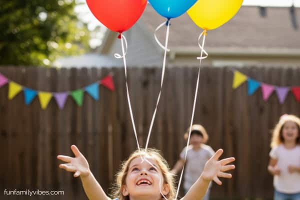 little girl looking up at 3 balloons up in the air, at a birthday party