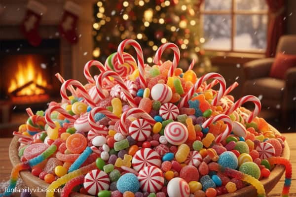 big bowl full of assorted candies like candy cane, peppermints, gummy worms, etc.