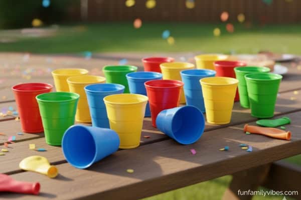 plastic cups in various colors on a table in a birthday party