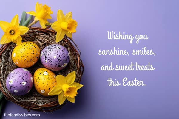 Yellow and purple Easter eggs on next with yellow flowers, with Easter quote on purple background