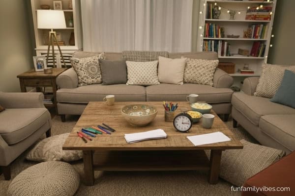 cozy living room; big blow, sheets of paper, pens, timer on the center table