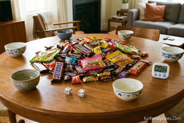 candy swap game setup - pile of candies at the center of a table, bowls around the candies, 2 dice, a timer