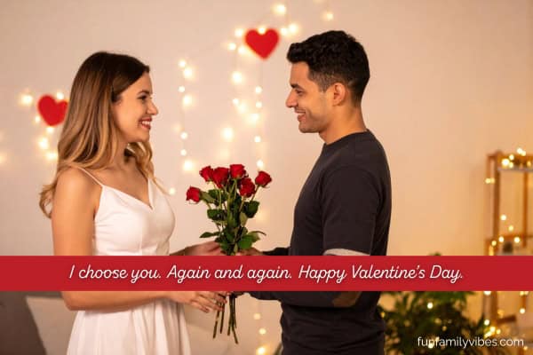 man giving roses to woman on valentine's day, with quote overlay