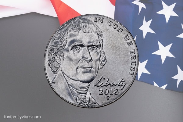 Nickel coin on American flag background
