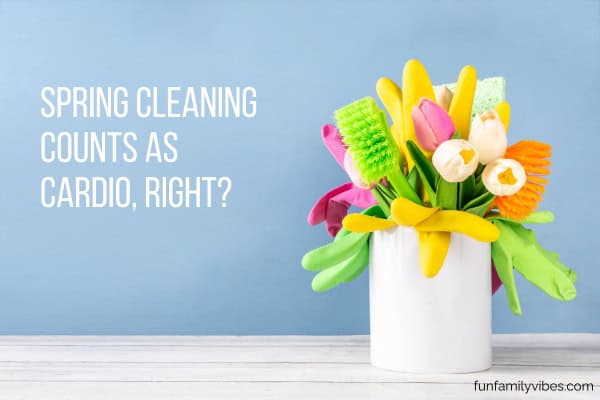 bouquet of tulips with cleaning accessories, with quote overlay