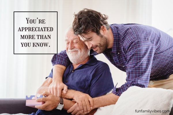 Nephew hugging his uncle, with quote overlay