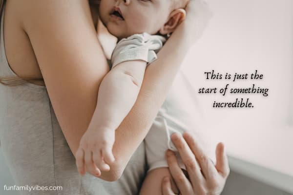 mother holding her baby with quote overlay