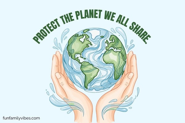 Illustration of hands holding planet earth with quote overlay