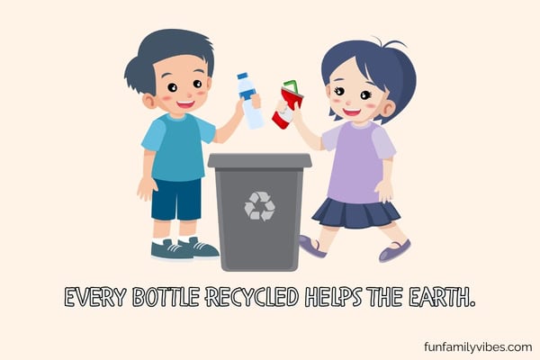 Illustration of a boy and girl recycling bottles with quote overlay