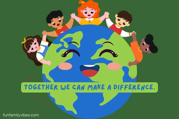 Illustration of children holding hands on top of earth with quote overlay
