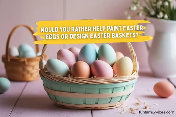Colorful Easter eggs in basket with question overlay