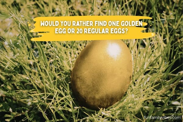 Golden Easter egg on nest, with question overlay