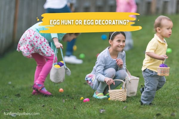 Kids on Easter egg hunt with question overlay