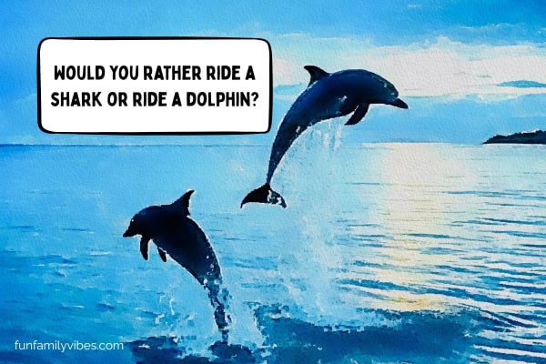 2 dolphins jumping in the ocean with question overlay