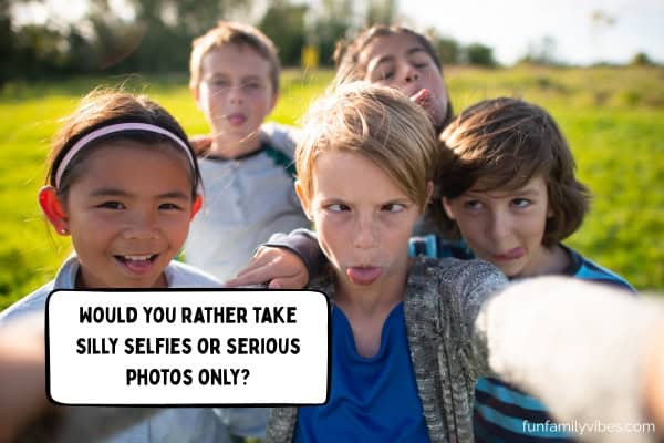 group of young friends taking a silly selfie with question overlay