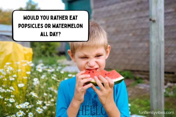 boy eating a watermelon with question overlay