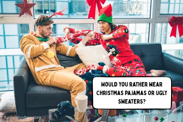 man and woman wearing Christmas pajamas, with question overlay