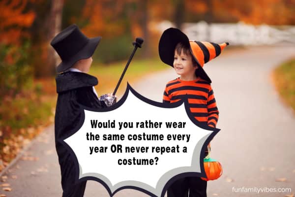2 kids wearing Halloween costumes with question overlay