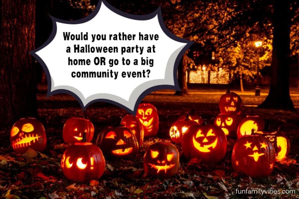 lighted halloween pumpkins in park with question overlay