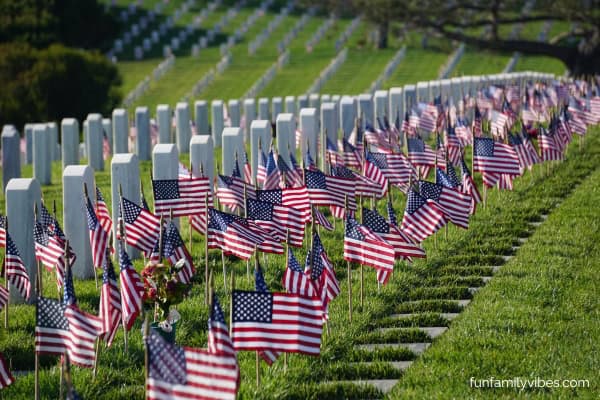 Graves with American flags on Memorial Day