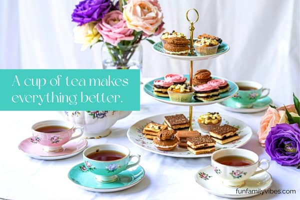 Table tea party setup with quote overlay