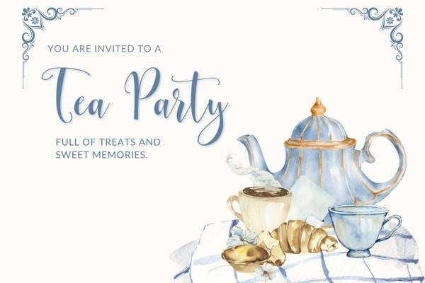 watercolor illustration of teapot, teacups, tea party food, with quote overlay
