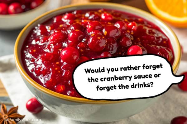 bowl of cranberry sauce with question on speech bubble overlay