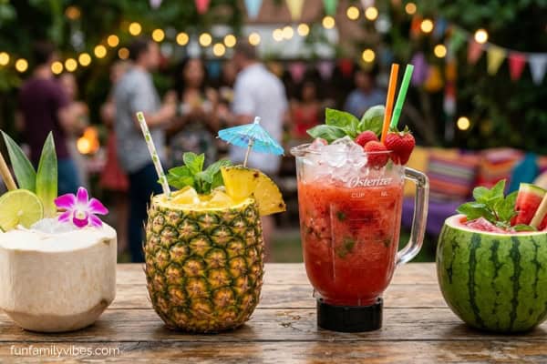 mocktails in coconut shell, hollowed pineapple, blender jug, hollowed watermelon