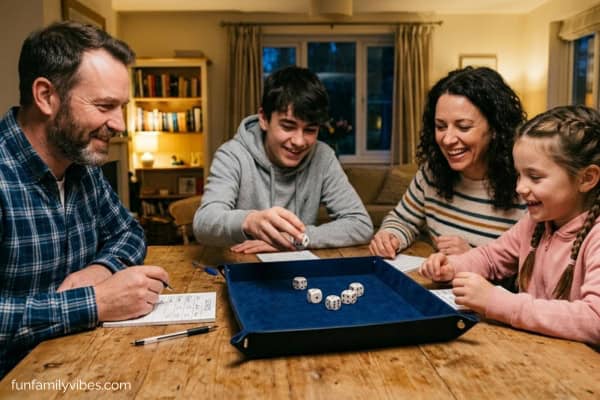 Family of 4 playing the Drop Dead Dice Game