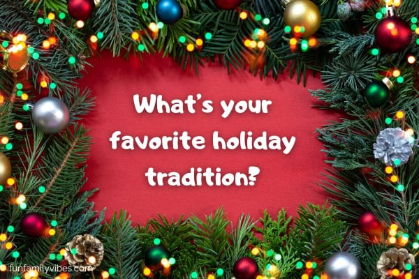 holiday background of Christmas wreath, balls, lights, with question overlay