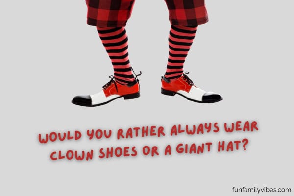 clown's feet with funny shoes with question overlay