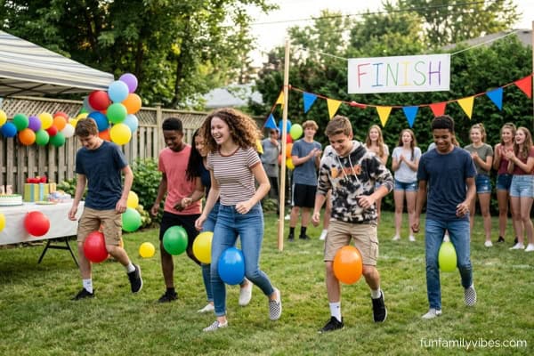 teens playing the balloon waddle race at a birthday party