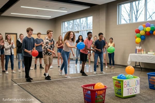 teens playing balloon target toss game