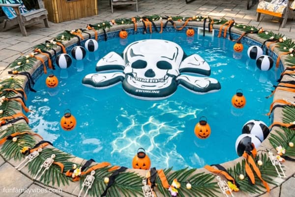 backyard pool decorated with floating pumpkins and skull pool float