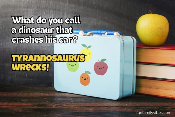 background of a lunchbox and pile of books, with joke overlay