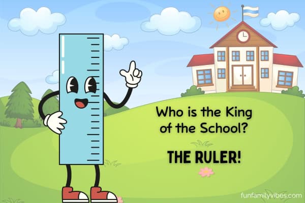 Illustration of a school background, a ruler cartoon, with joke overlay