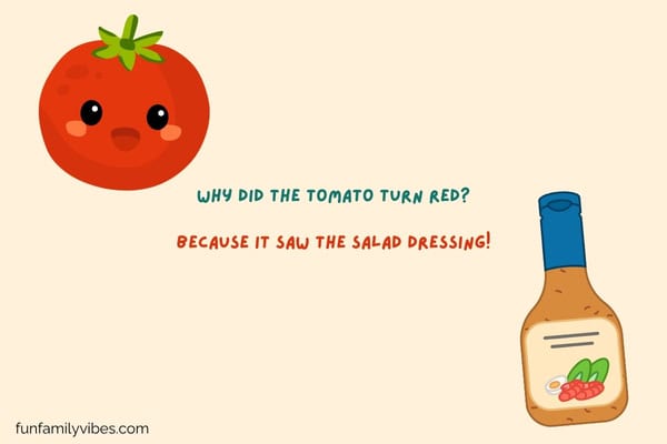 tomato cartoon, salad dressing illustration, with joke overlay